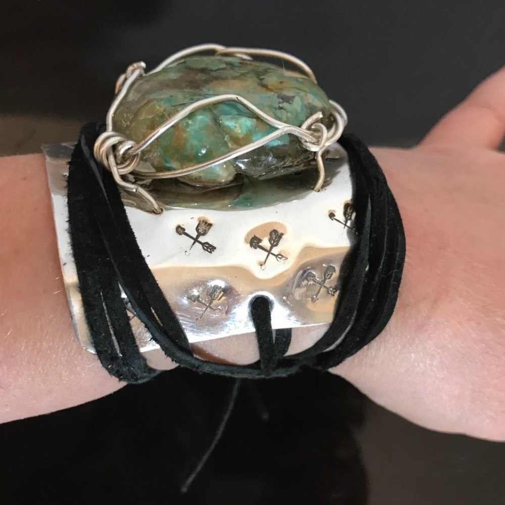 Genuine Turquoise Herkimer Diamond Sterling Silver 925 Cuff Ketoh Arrow Leather